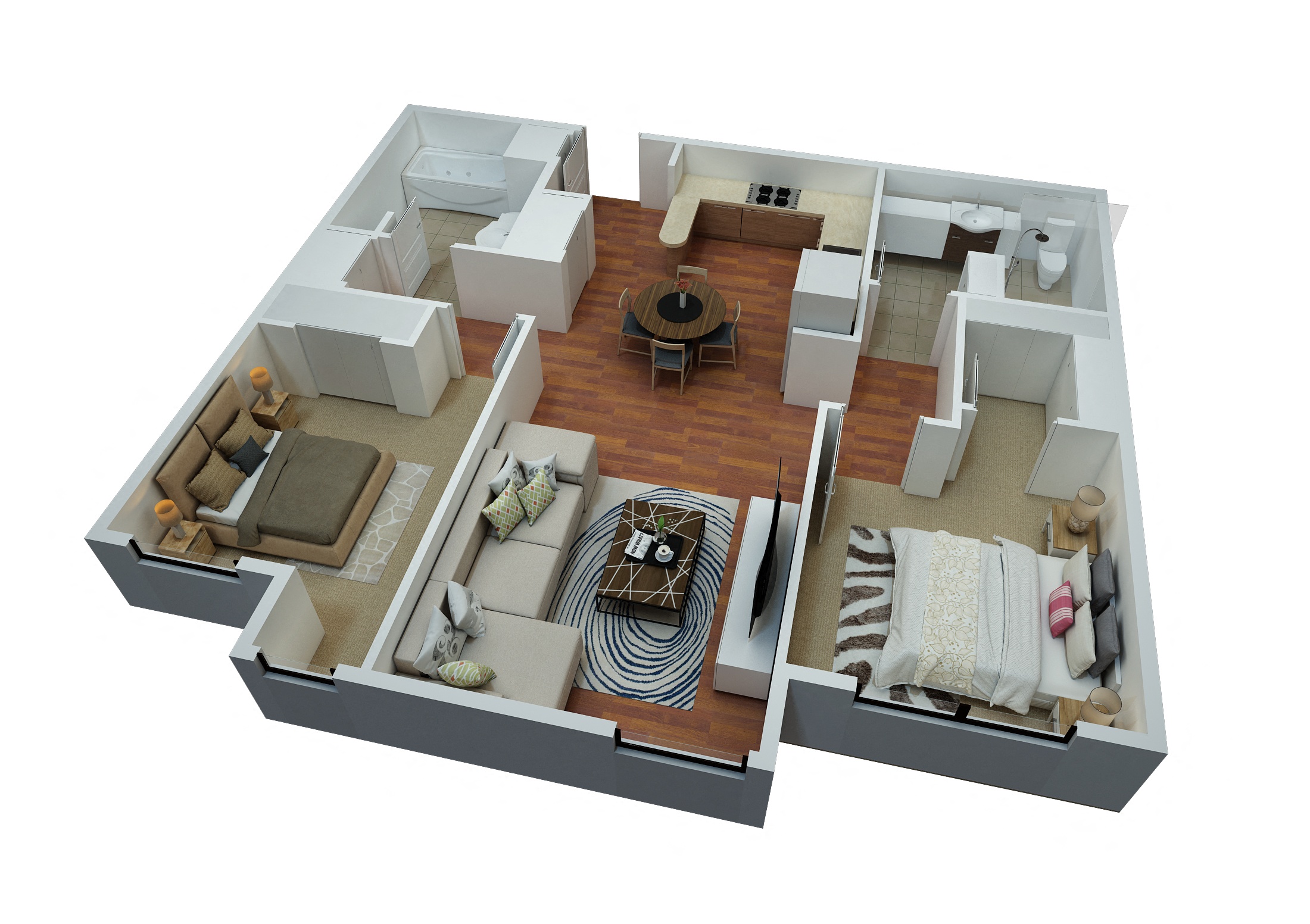 Floor plan for 2 beds, 2 baths, 964 sqft